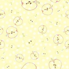 Vector seamless pattern with fruit slices. Apples and Pears on Polka Dot Yellow Background