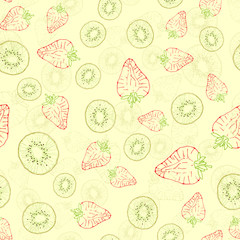 Vector seamless pattern with fruit slices. Kiwi and strawberries on a yellow background