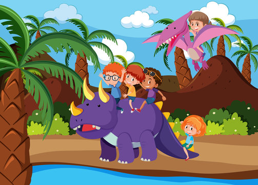 Children riding dinosaur scene