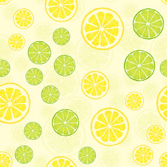 Vektornahtloses Muster mit Fruchtscheiben. Limetten und Zitronen auf gelbem Hintergrund