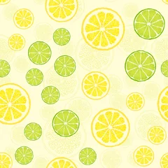 Tapeten Zitronen Vektornahtloses Muster mit Fruchtscheiben. Limetten und Zitronen auf gelbem Hintergrund