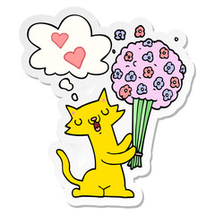 cartoon cat in love with flowers and thought bubble as a printed sticker