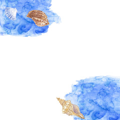 Sea background with shells and place for text. Watercolor. Corner composition. Excellent use for invitations, greeting cards, or can be part of your design.