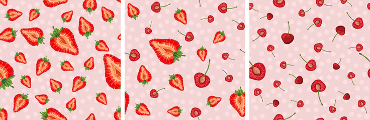 Set of vector seamless pattern with fruit slices. Cherries and strawberries on a pink polka dot background