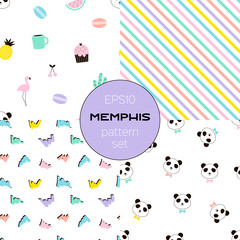 Abstract memphis vector seamless pattern set. Food and drink, diagonal lines, colorful scrawl, cute pandas hand drawn textures. Kawaii decorative backdrops pack. Wrapping paper, textile flat design