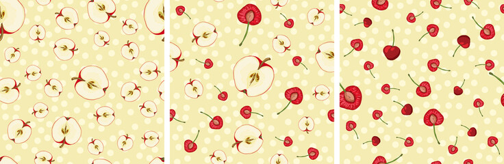 Set of vector seamless pattern with fruit slices. Cherries and apples on a beige polka dot pink background