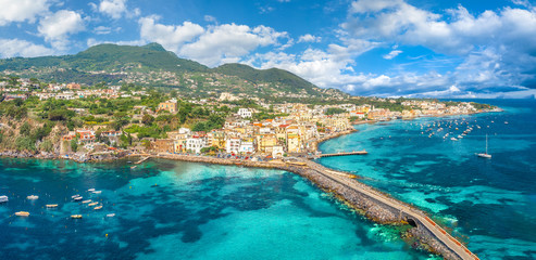 Landscape with Porto Ischia, view on Aragonese Castle, Ischia island, Italy