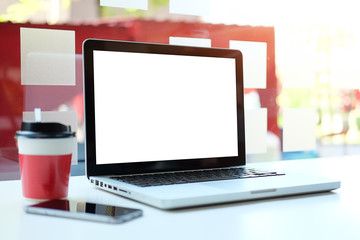Workspace desk and laptop. copy space and blank screen. Business image, Blank screen laptop and supplies.