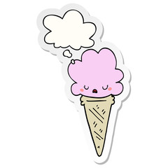 cartoon ice cream with face and thought bubble as a printed sticker
