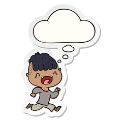 cartoon happy boy laughing and running away and thought bubble as a printed sticker