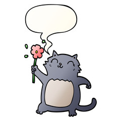cartoon cat and flower and speech bubble in smooth gradient style