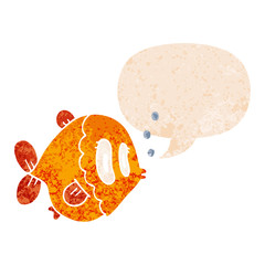 cartoon fish and speech bubble in retro textured style