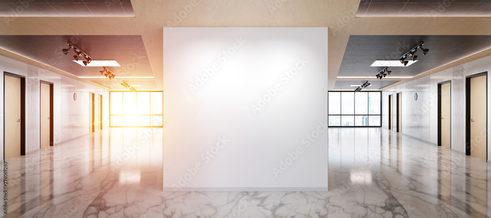 Poster blank wall in marble and wooden office mockup with large windows and sun passing through 3d renderin