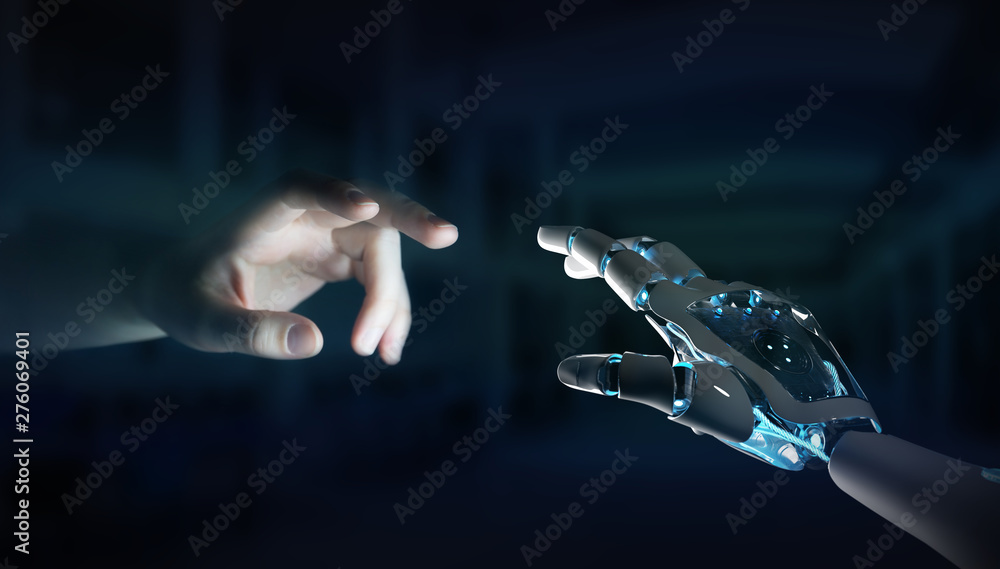 Poster robot hand making contact with human hand on dark background 3d rendering