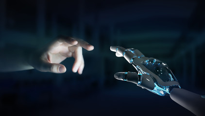 Robot hand making contact with human hand on dark background 3D rendering