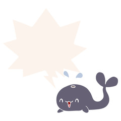 cartoon happy whale and speech bubble in retro style