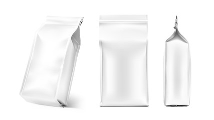 Quad seal bag package mockup. Vector illustration isolated on white background. Can be use for coffee, tea, salt, snack, flour and etc. Packaging mockup ready for your design. EPS10.	