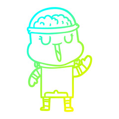 cold gradient line drawing happy cartoon robot waving