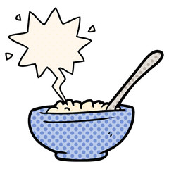 cartoon bowl of rice and speech bubble in comic book style