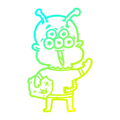 cold gradient line drawing happy cartoon alien with moon rock