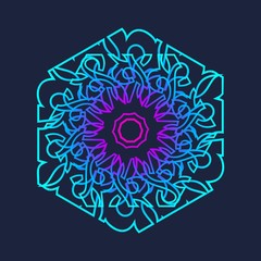 Mosaic arabic ornament. Vector outline hexagon emblem. Retro ornamental design.