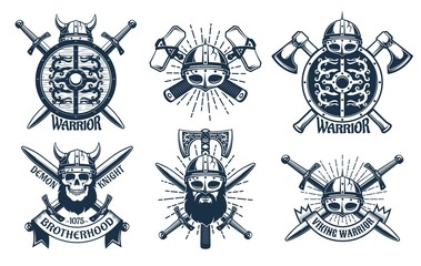 Fototapeta na wymiar Viking logo set in retro stamp style. Heraldic emblems with warriors and viking weapons. Vector vintage illustration.