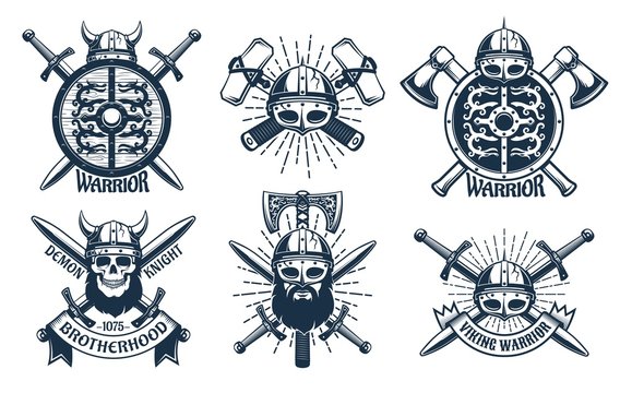 Viking logo set in retro stamp style. Heraldic emblems with warriors and viking weapons. Vector vintage illustration.