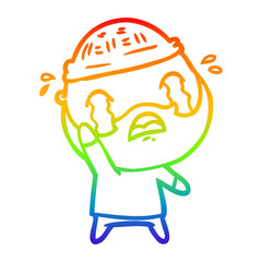 rainbow gradient line drawing cartoon bearded man crying waving goodbye