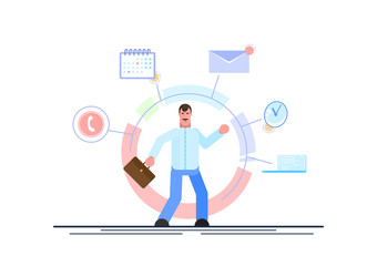 Businessman is standing and holding briefcase with office icons on the background. Multitasking and time management concept. Effective management. Vector illustration. - Vector