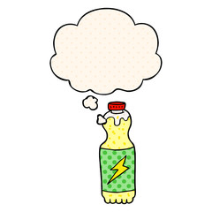 cartoon soda bottle and thought bubble in comic book style