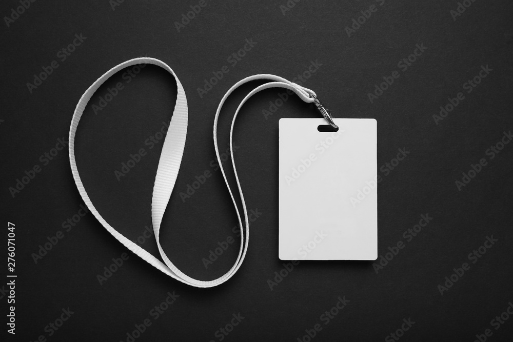 Poster blank badge mockup. plain empty name tag mock up hanging on neck with string.