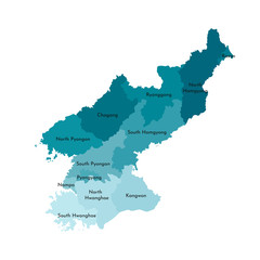 Vector isolated illustration of simplified administrative map of North Korea (People's Republic of Korea). Borders and names of the regions. Colorful blue khaki silhouettes