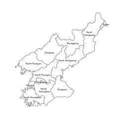 Vector isolated illustration of simplified administrative map of North Korea (People's Republic of Korea). Borders and names of the regions. Black line silhouettes