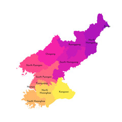 Vector isolated illustration of simplified administrative map of North Korea (People's Republic of Korea). Borders and names of the regions. Multi colored silhouettes