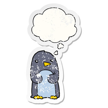 cartoon penguin and thought bubble as a distressed worn sticker © lineartestpilot