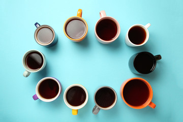 Black tea (coffee) in bright cups, office break, team building.