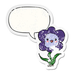 cartoon flower and speech bubble distressed sticker