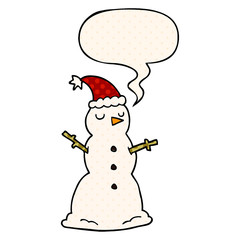 cartoon snowman and speech bubble in comic book style