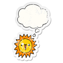 cartoon sun and thought bubble as a distressed worn sticker