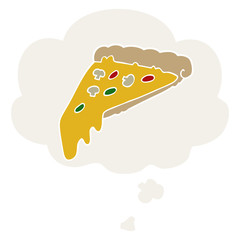 cartoon pizza slice and thought bubble in retro style