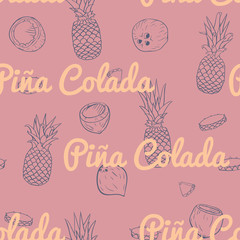 Vector Retro Pina Colada on Dusty Pink seamless pattern design.