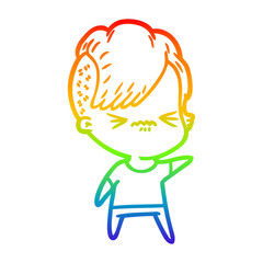 rainbow gradient line drawing cartoon annoyed hipster girl