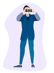 Isolated object. The man in the suit is a photographer. In minimalist style. Cartoon flat raster
