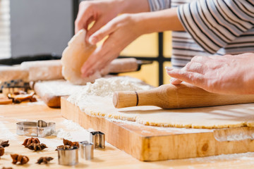 Homemade pastry. Closeup of woman hands rolling dough in flour, making gingerbread biscuits.