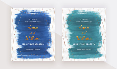 Blue brush stroke watercolor texture with golden polygonal lines frame. Modern hand painting template for wedding invitation, banner, flyer, poster, save the date, greeting.