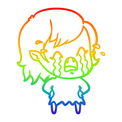 rainbow gradient line drawing cartoon crying vampire girl