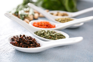 Spoons with different spices on color background
