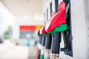 Fuel pumps close up at a Petrol station 