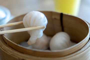 chinese style shrimp dumpling on the basket