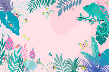 Abstract background with chameleon, insects and plants. Background for mobile app minimalistic style. Editable Vector illustration